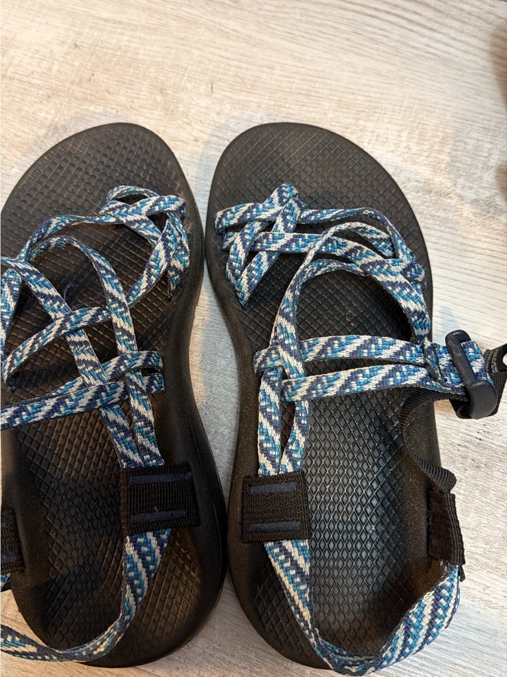 Chaco Women's Black Sandals with Blue White Patterned Straps